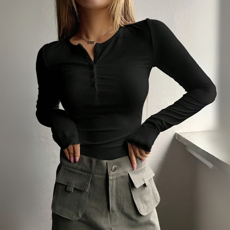 Women's Slim-Fit Long Sleeve Henley Top