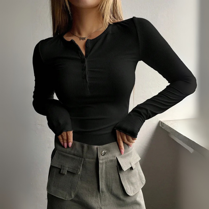 Women's Slim-Fit Long Sleeve Henley Top