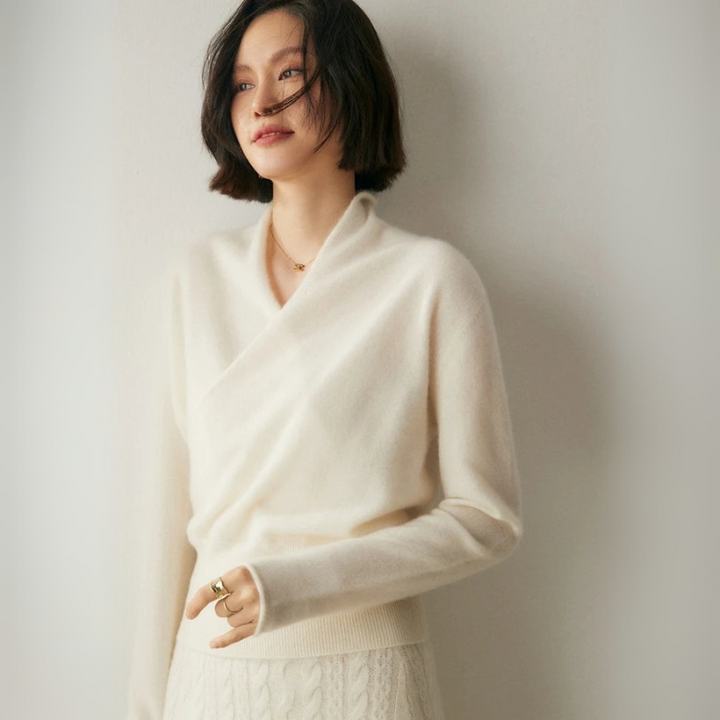 Women's Stylish Cashmere Sweater with Crossover Collar
