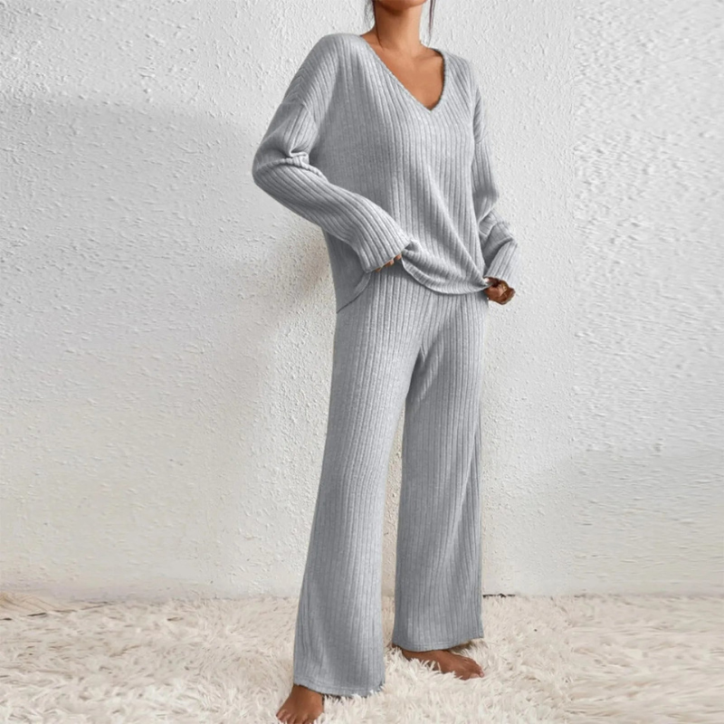 Women's Stylish V-Neck Sweater and Matching Pants Loungewear Set