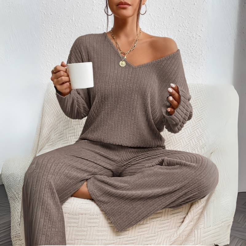 Women's Stylish V-Neck Sweater and Matching Pants Loungewear Set