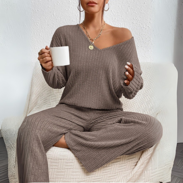 Women's Stylish V-Neck Sweater and Matching Pants Loungewear Set