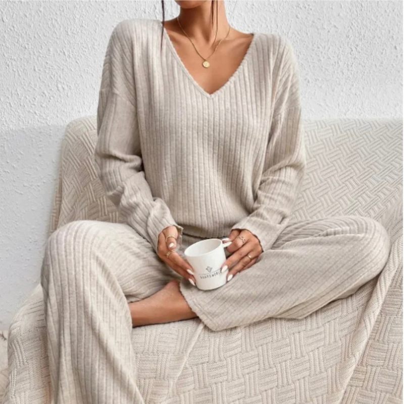 Women's Stylish V-Neck Sweater and Matching Pants Loungewear Set