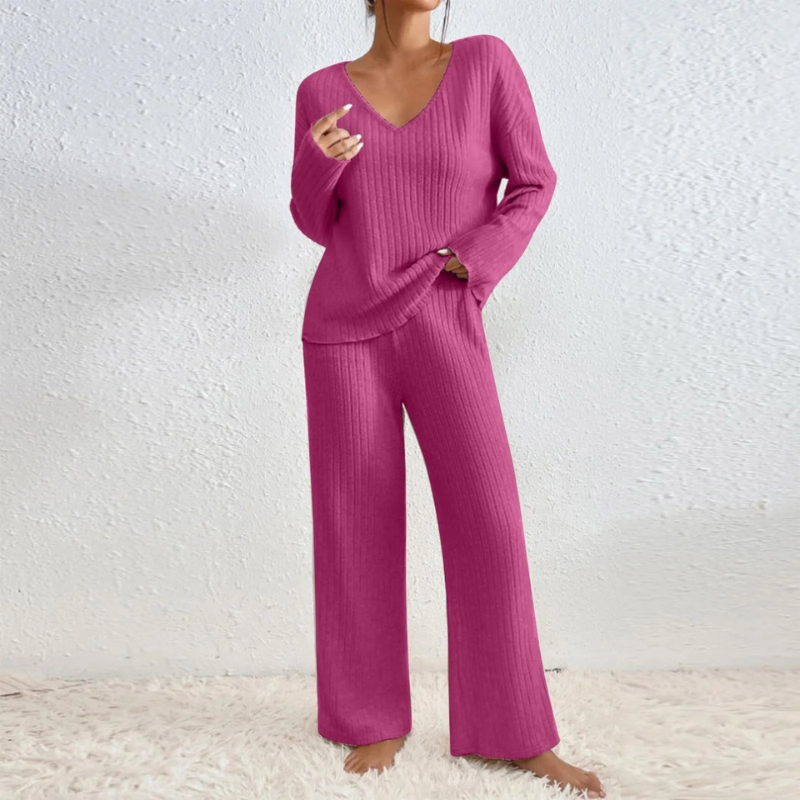 Women's Stylish V-Neck Sweater and Matching Pants Loungewear Set