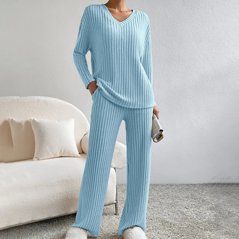 Women's Stylish V-Neck Sweater and Matching Pants Loungewear Set