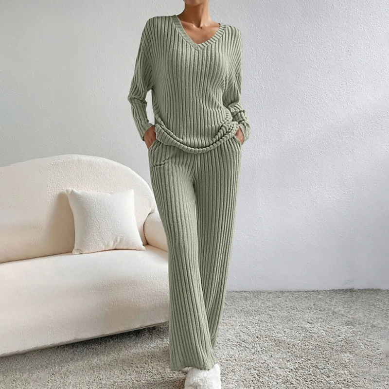 Women's Stylish V-Neck Sweater and Matching Pants Loungewear Set