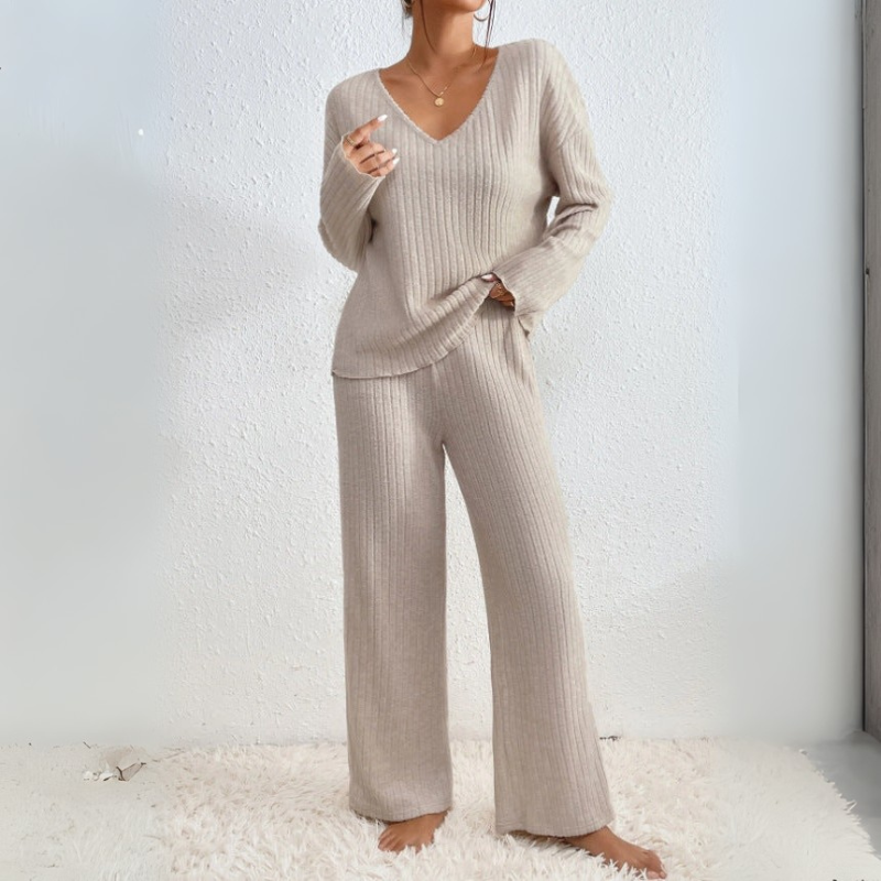 Women's Stylish V-Neck Sweater and Matching Pants Loungewear Set