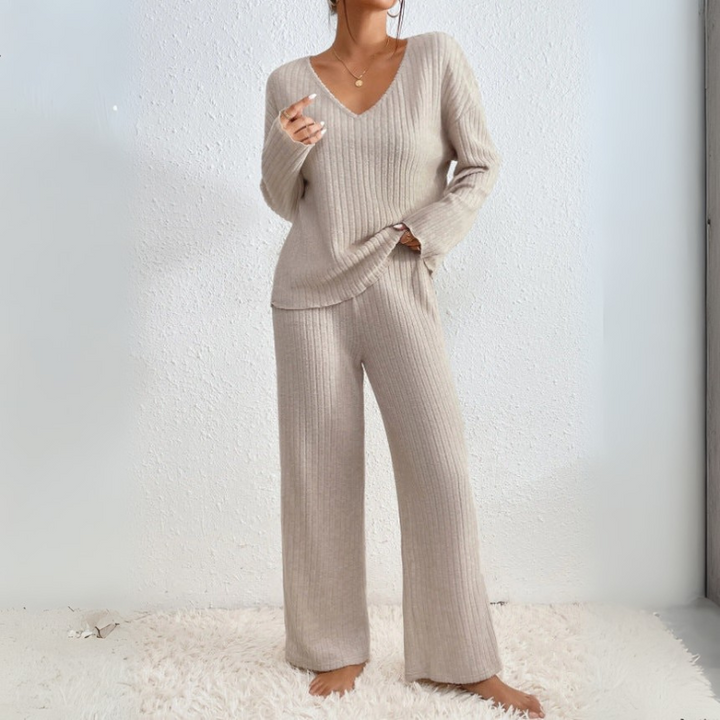 Women's Stylish V-Neck Sweater and Matching Pants Loungewear Set