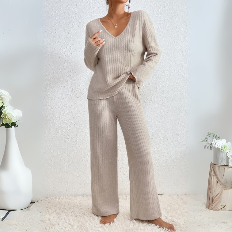 Women's Stylish V-Neck Sweater and Matching Pants Loungewear Set