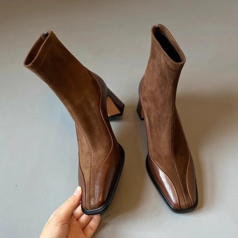 Women's Suede Chelsea Boots with Spliced Design and Block Heel