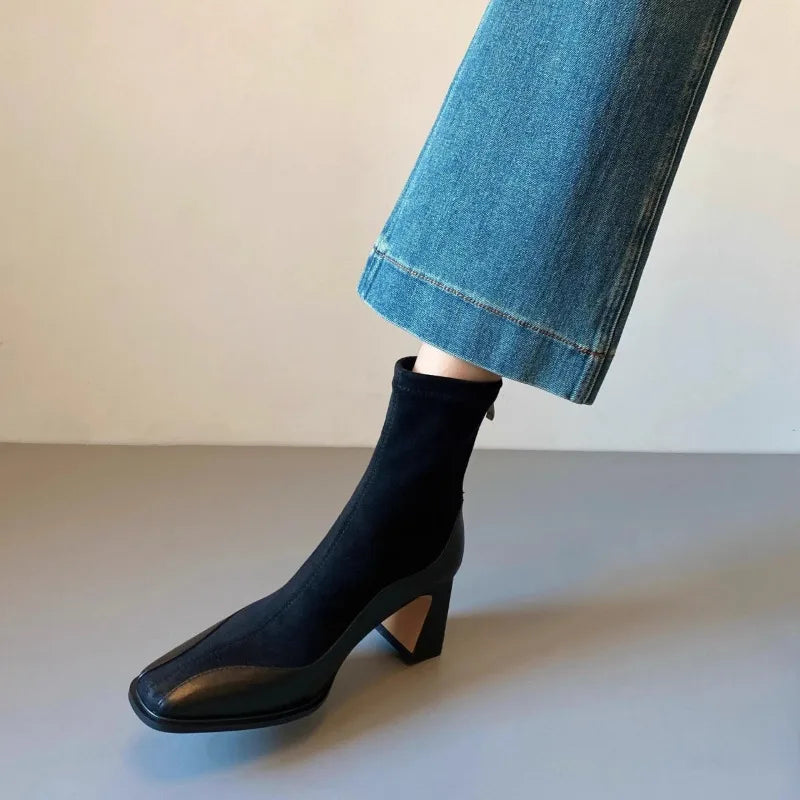 Women's Suede Chelsea Boots with Spliced Design and Block Heel