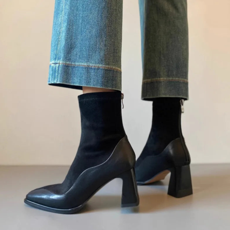 Women's Suede Chelsea Boots with Spliced Design and Block Heel