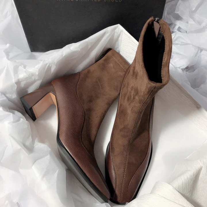 Women's Suede Chelsea Boots with Spliced Design and Block Heel