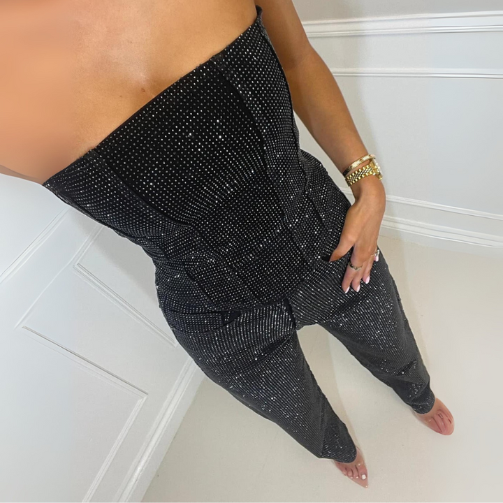 Women's Trouser Suit Set - Glitter Top & High-Waisted Jeans