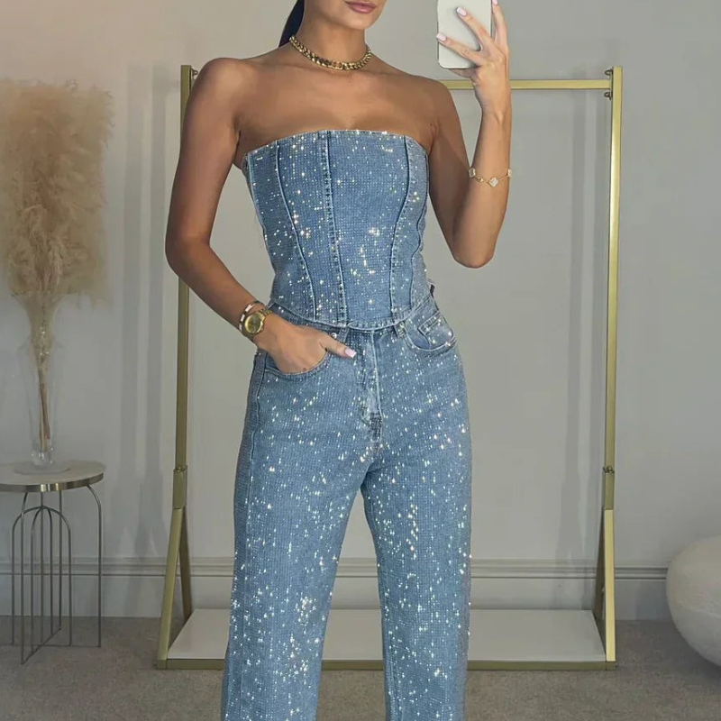 Women's Trouser Suit Set - Glitter Top & High-Waisted Jeans