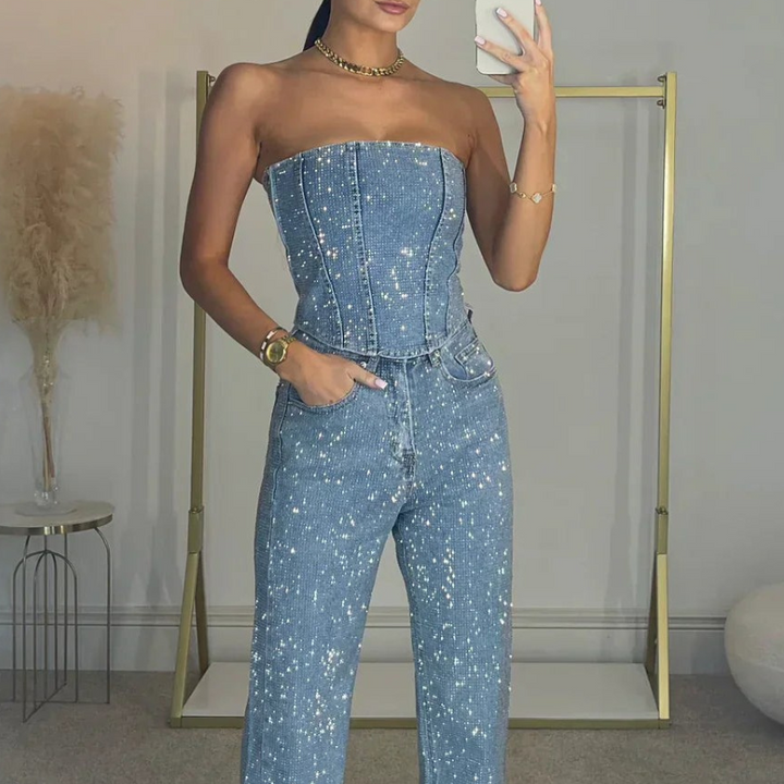 Women's Trouser Suit Set - Glitter Top & High-Waisted Jeans