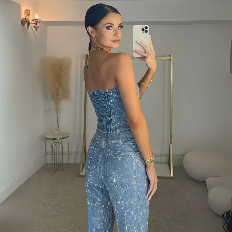 Women's Trouser Suit Set - Glitter Top & High-Waisted Jeans