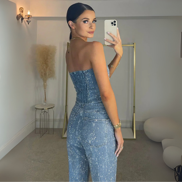 Women's Trouser Suit Set - Glitter Top & High-Waisted Jeans