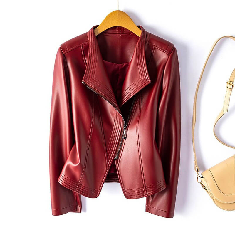 Women's Leather Jacket with Wide Lapel and Asymmetrical Zipper