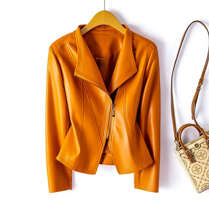 Women's Leather Jacket with Wide Lapel and Asymmetrical Zipper