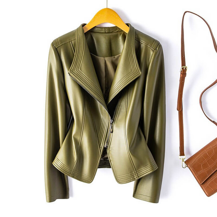 Women's Leather Jacket with Wide Lapel and Asymmetrical Zipper