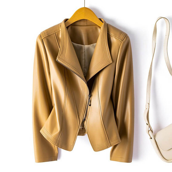 Women's Leather Jacket with Wide Lapel and Asymmetrical Zipper