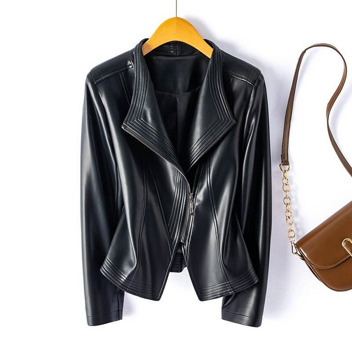 Women's Leather Jacket with Wide Lapel and Asymmetrical Zipper