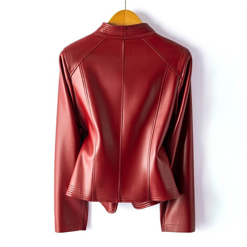 Women's Leather Jacket with Wide Lapel and Asymmetrical Zipper
