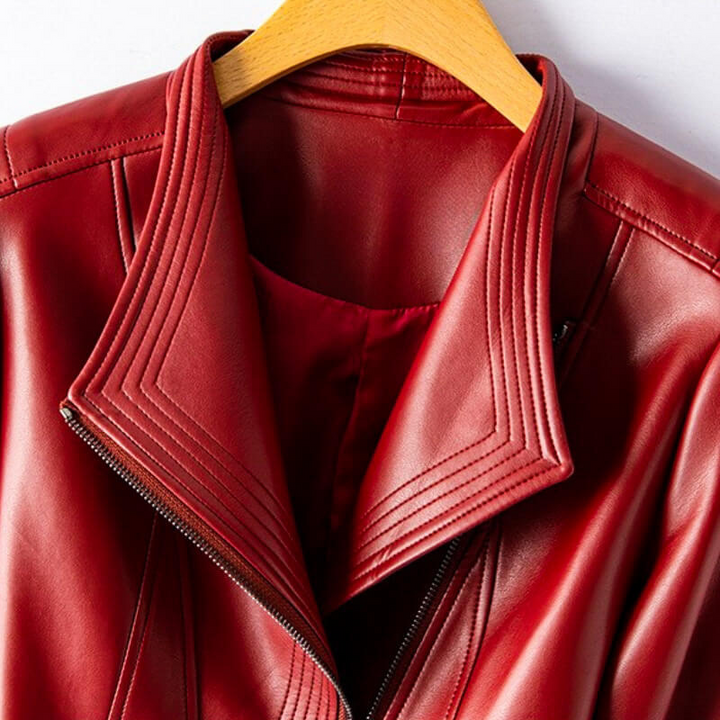 Women's Leather Jacket with Wide Lapel and Asymmetrical Zipper