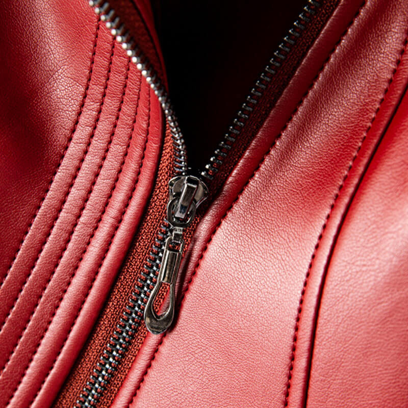 Women's Leather Jacket with Wide Lapel and Asymmetrical Zipper