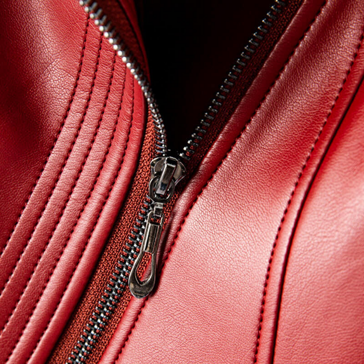 Women's Leather Jacket with Wide Lapel and Asymmetrical Zipper