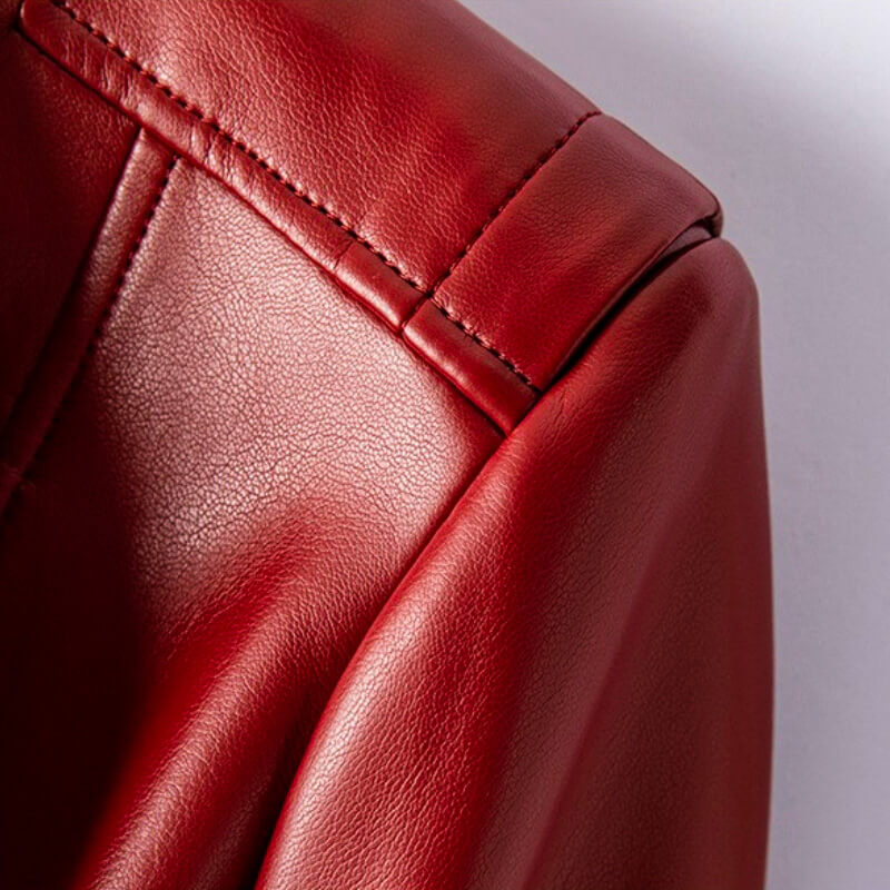 Women's Leather Jacket with Wide Lapel and Asymmetrical Zipper