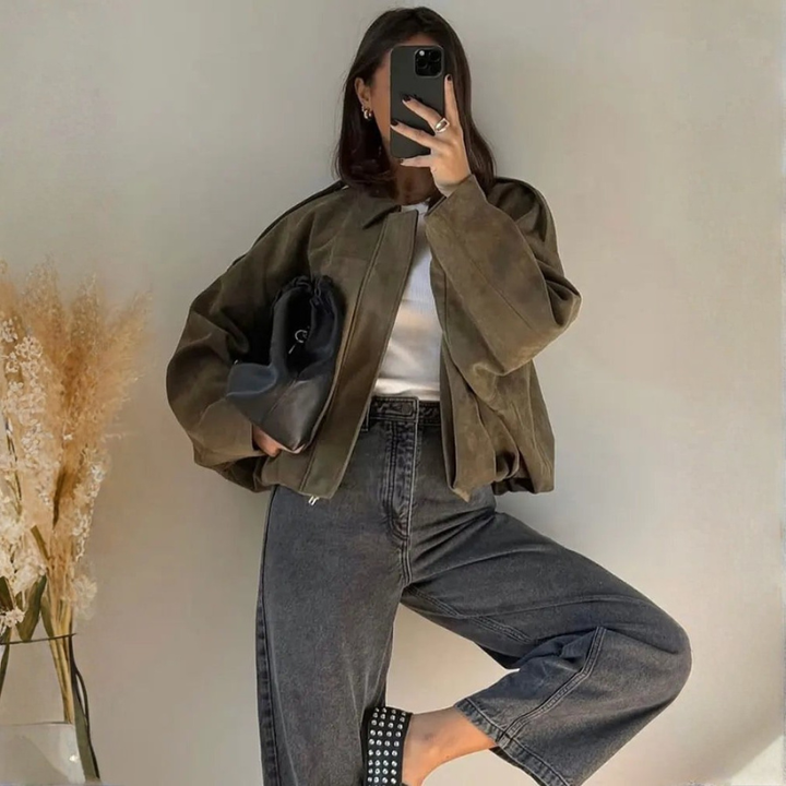 Women's Vintage Bomber Jacket – Casual Loose Fit with Zipper