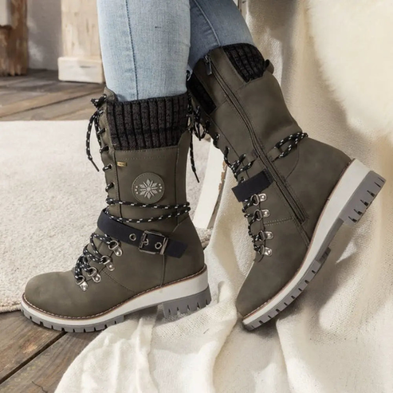 Women's Winter Boots with Knit Cuff and Lace-Up Design