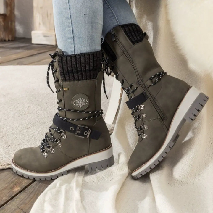 Women's Winter Boots with Knit Cuff and Lace-Up Design