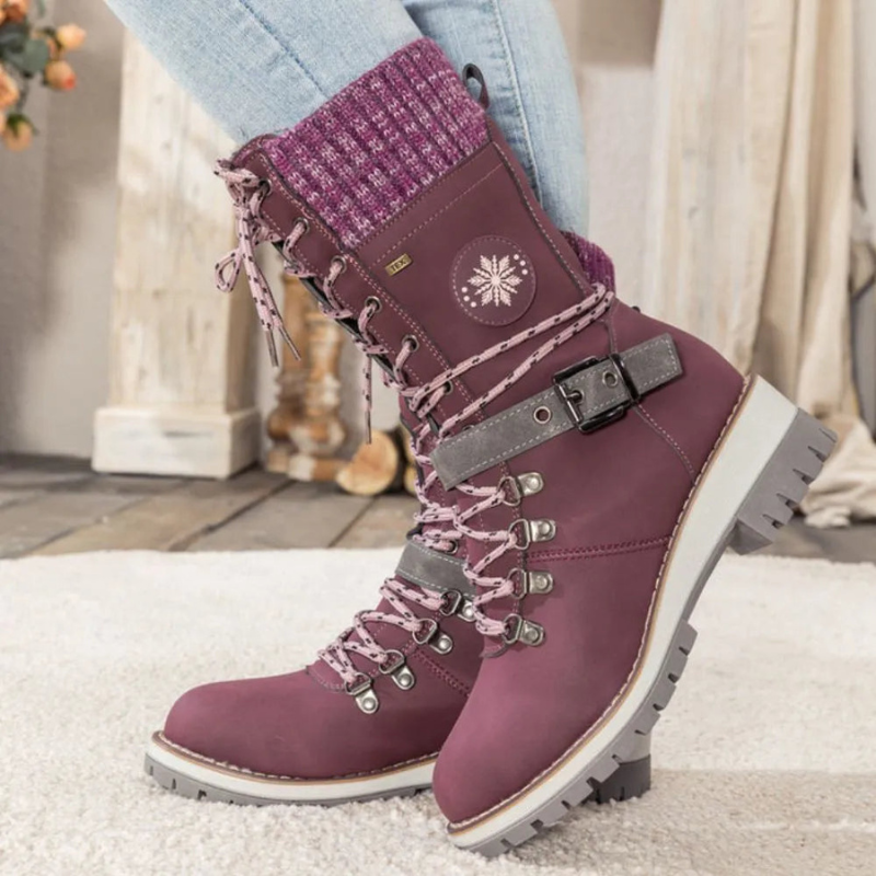 Women's Winter Boots with Knit Cuff and Lace-Up Design