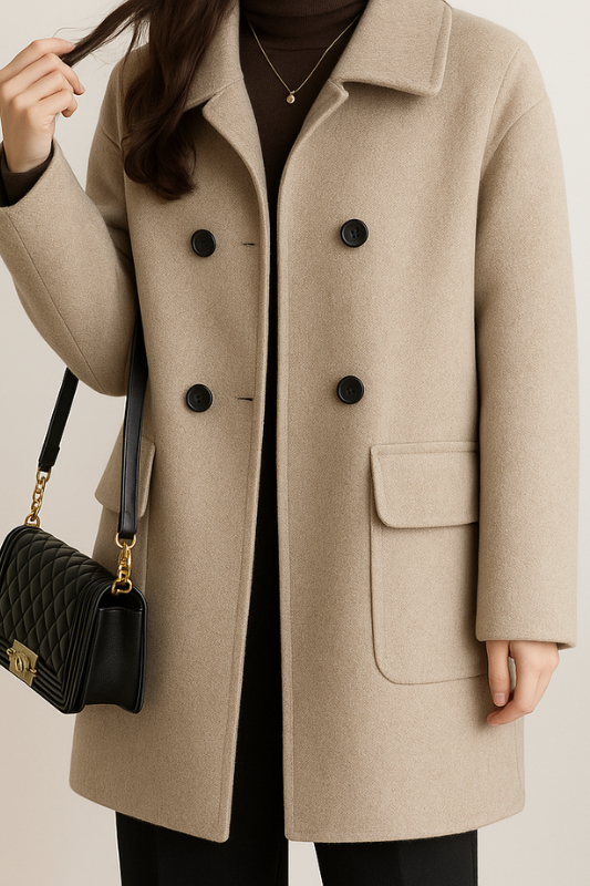 Women's Wool-Blend Longline Coat Double-Breasted with Flap Pockets