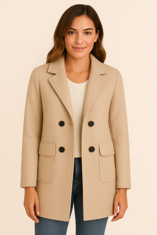 Women's Wool-Blend Longline Coat Double-Breasted with Flap Pockets