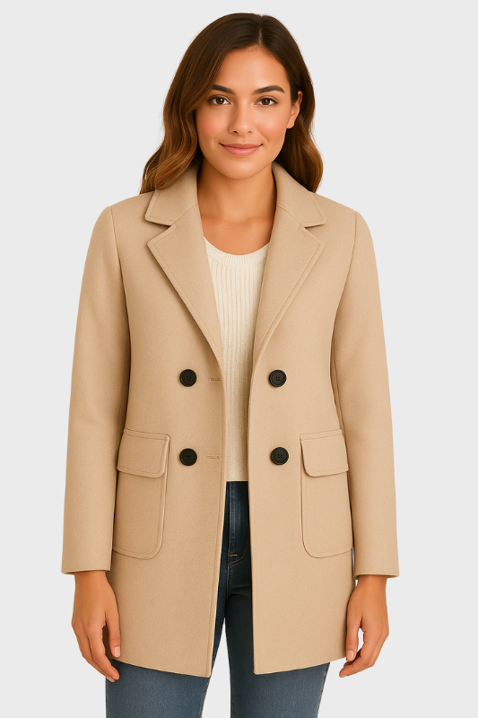 Women's Wool-Blend Longline Coat Double-Breasted with Flap Pockets