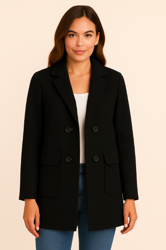 Women's Wool-Blend Longline Coat Double-Breasted with Flap Pockets