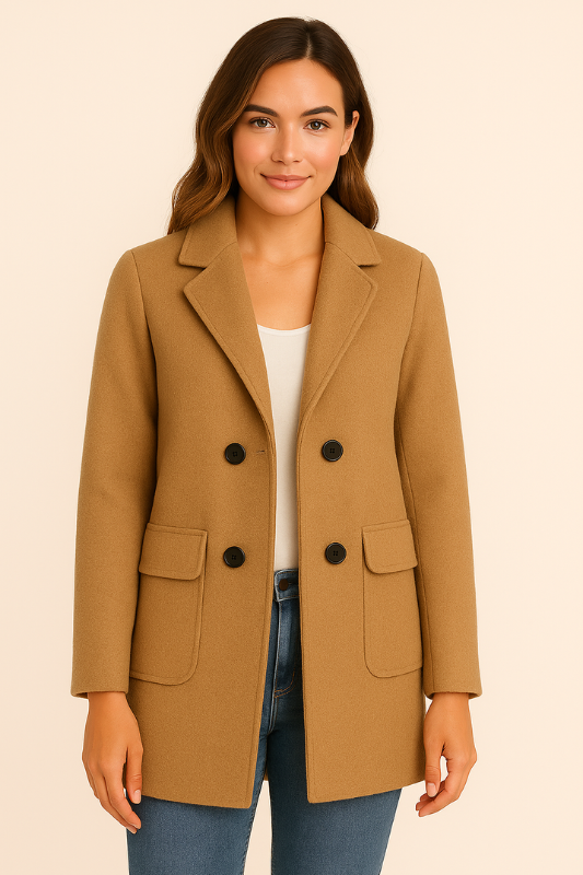 Women's Wool-Blend Longline Coat Double-Breasted with Flap Pockets