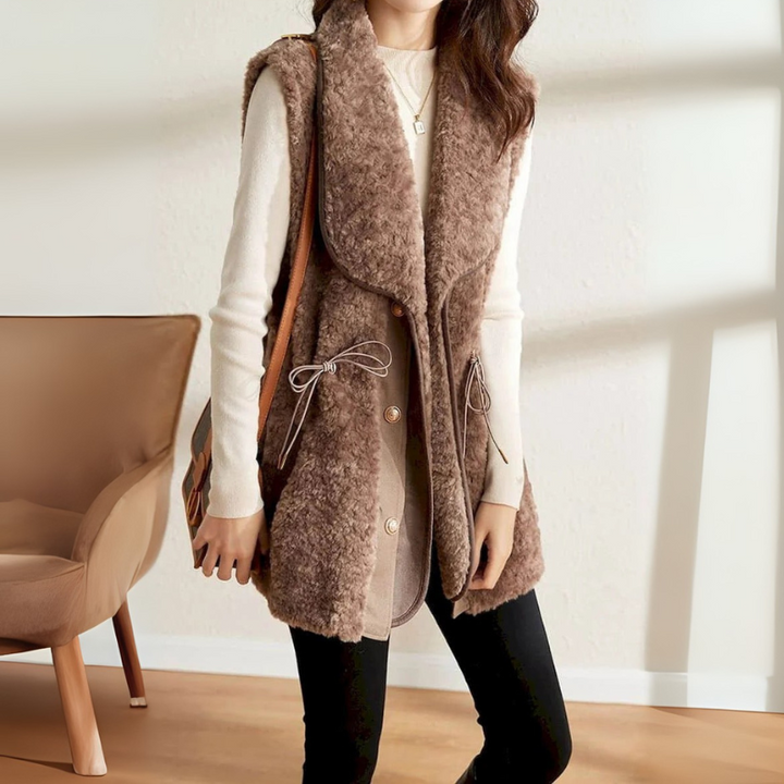 Women's Wool Vest with Elegant Golden Buttons and Wide Collar