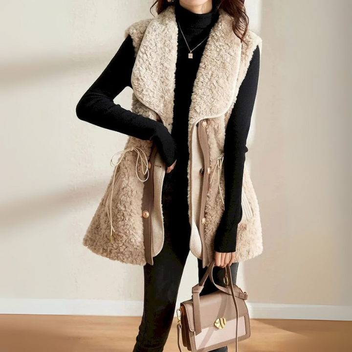 Women's Wool Vest with Elegant Golden Buttons and Wide Collar