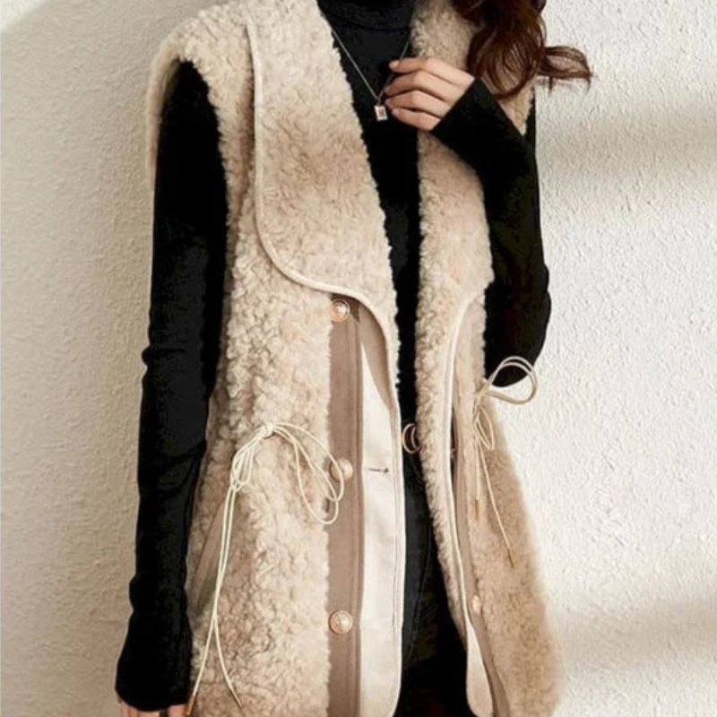 Women's Wool Vest with Elegant Golden Buttons and Wide Collar