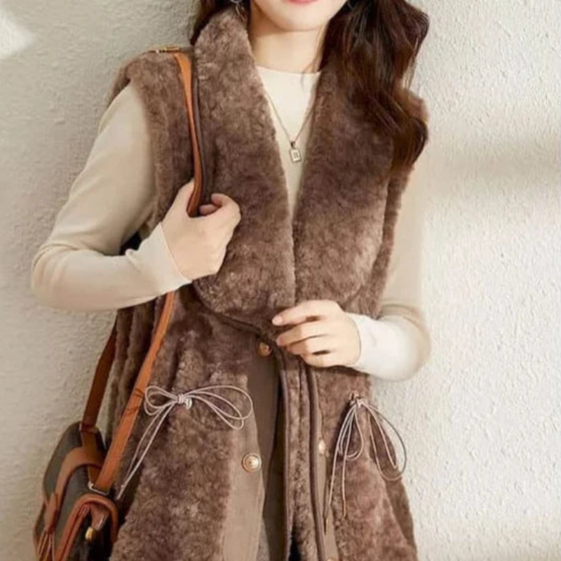 Women's Wool Vest with Elegant Golden Buttons and Wide Collar