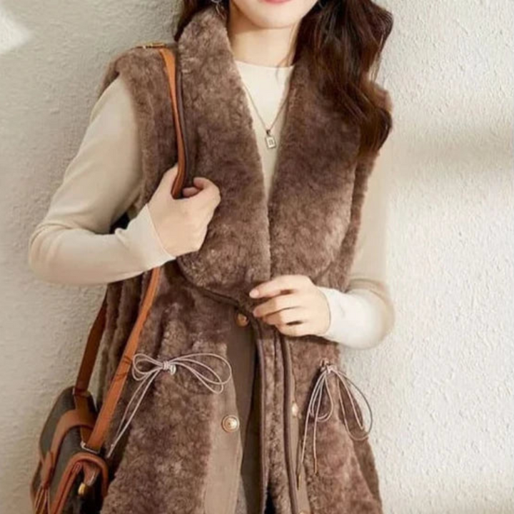 Women's Wool Vest with Elegant Golden Buttons and Wide Collar