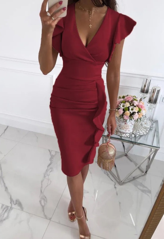 Women's Bodycon Midi Dress with Ruffles and Butterfly Sleeves - Summer and Formal Occasions