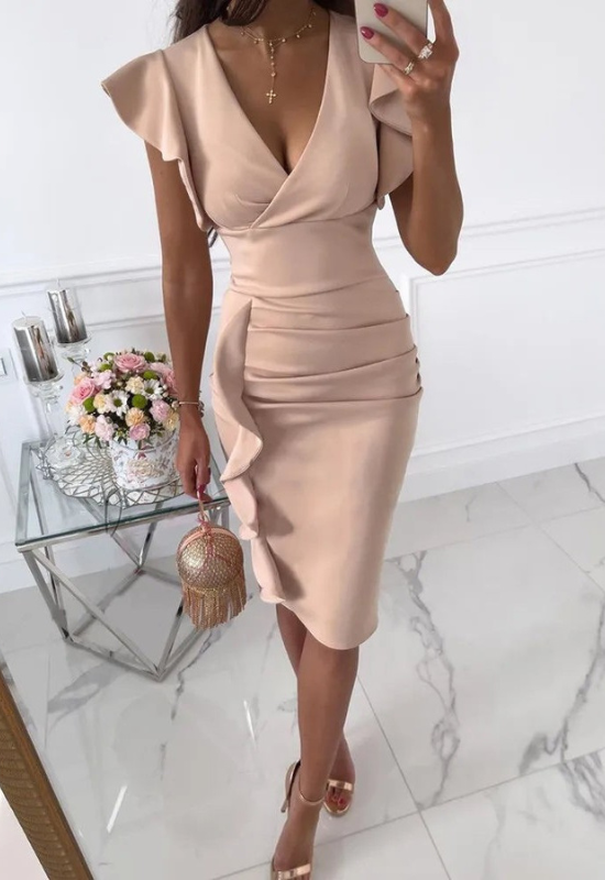 Women's Bodycon Midi Dress with Ruffles and Butterfly Sleeves - Summer and Formal Occasions