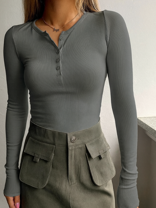Women's Slim-Fit Long Sleeve Henley Top