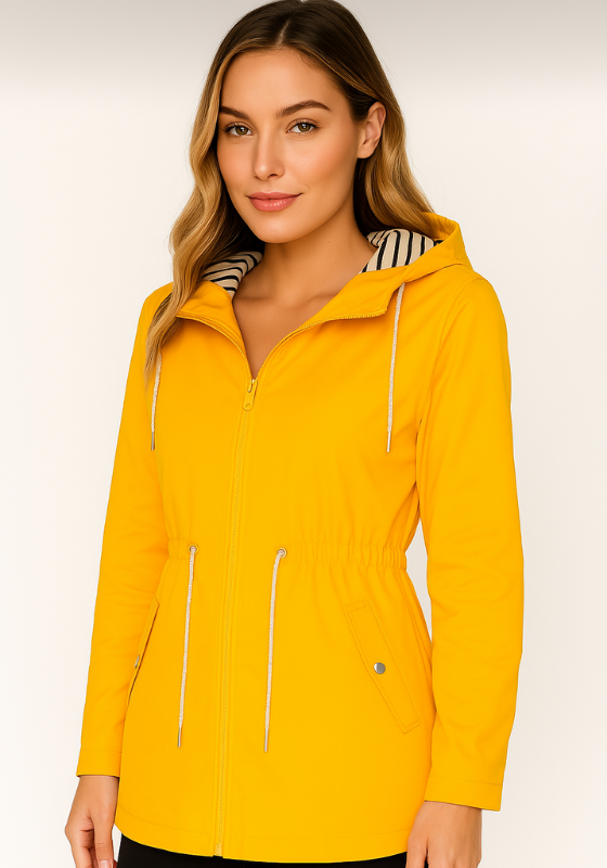 Yellow Women's Adjustable Fit Waterproof Rain Jacket on the model